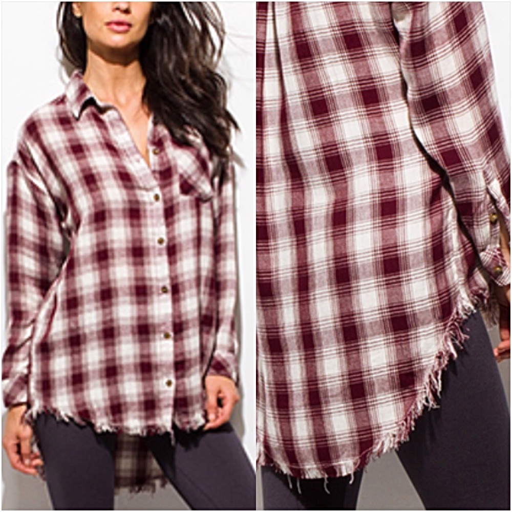 Boho Plaid Fringe Tunic Button Down Shirt SMLXL - Picture 5 of 8